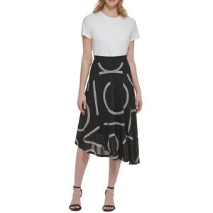 CALVIN KLEIN black / heather gray midi CK logo prints asymmetrical skirt XL